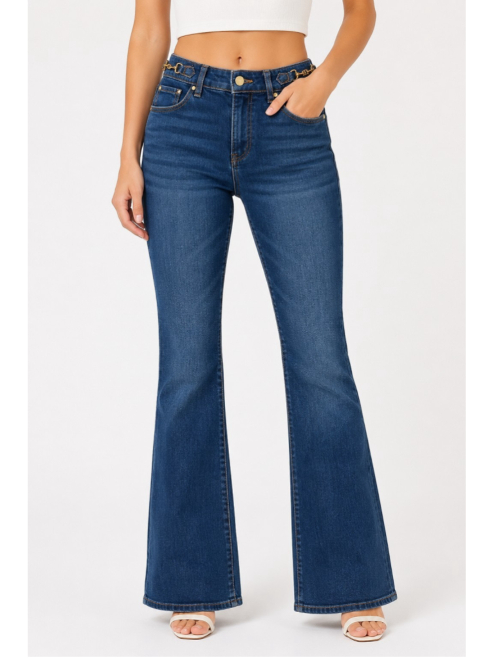 Ann Taylor Flare High Rise Jeans Gold Horsebit Dark Denim Sz 0P Equestrian Chic
